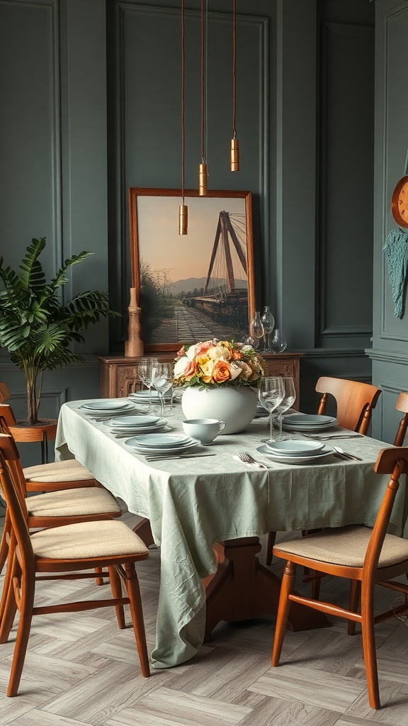 A beautifully set dining table with a soft green tablecloth, wooden chairs, and a floral centerpiece.
