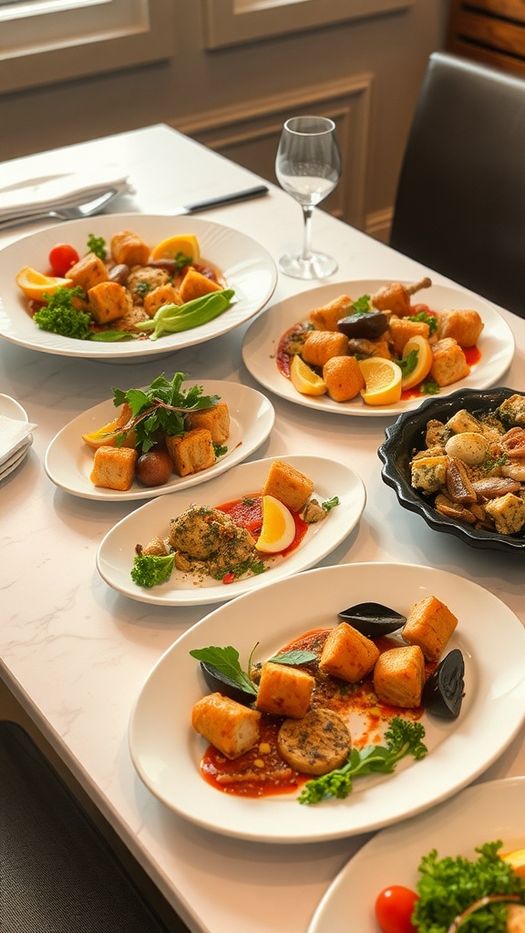 An assortment of elegantly arranged dishes on white serving platters, featuring garnishes and colorful ingredients.