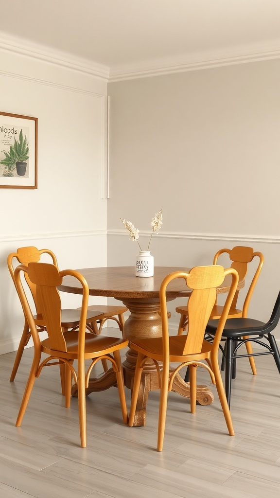 A round wooden dining table surrounded by unique wooden and black chairs.