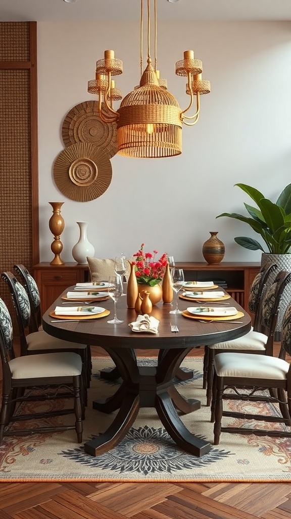 A beautifully set dining table with elegant decor, showcasing cultural influences.