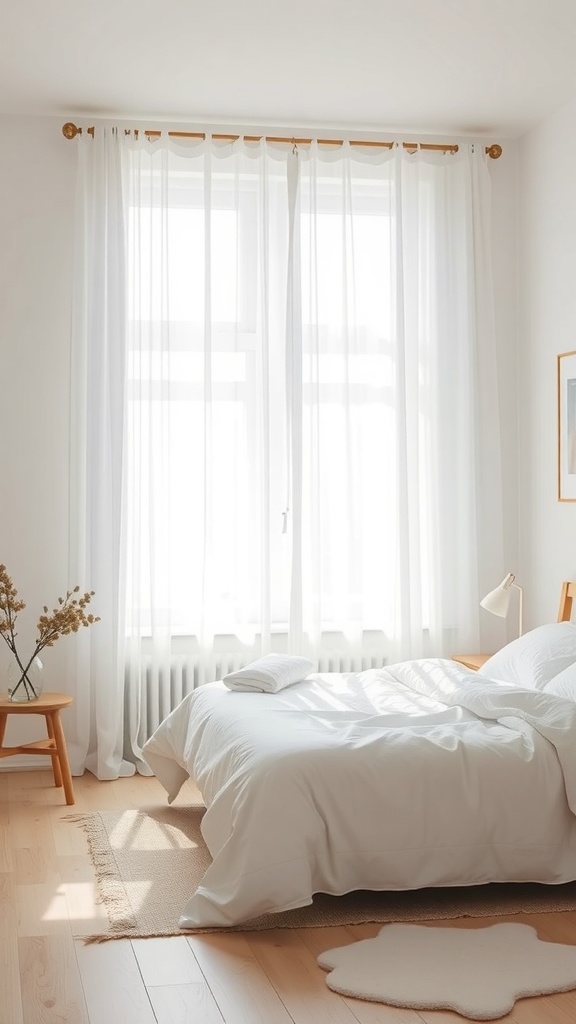 A bright Scandinavian bedroom featuring sheer curtains that allow natural light to fill the space.