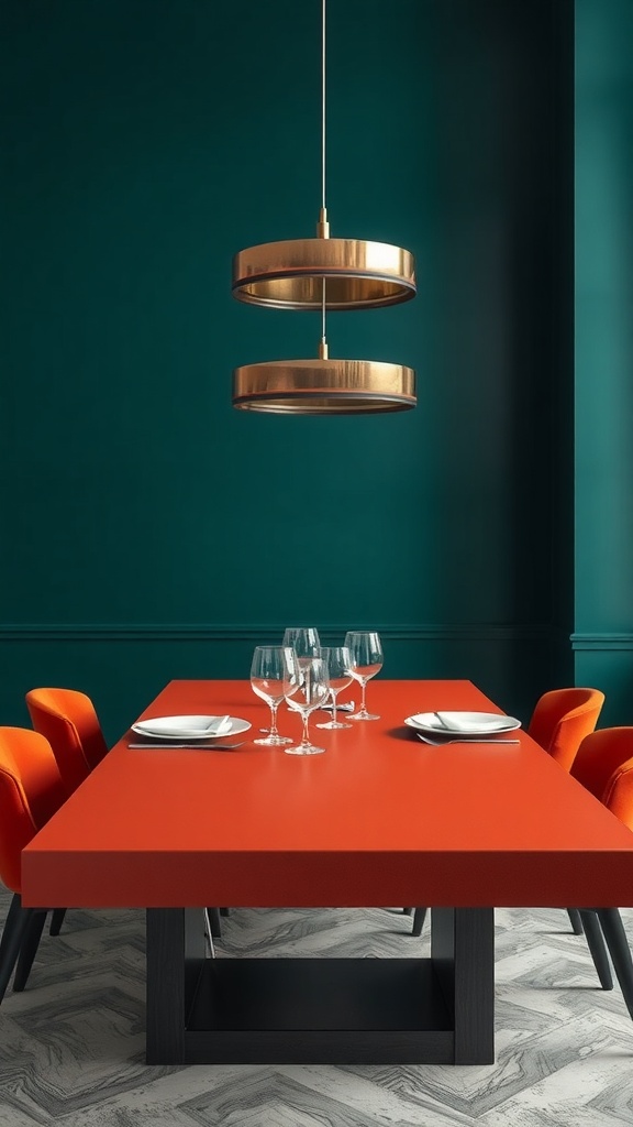 A modern dining table with an orange surface and teal walls, featuring stylish chairs and elegant tableware.