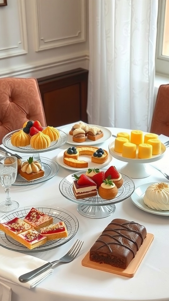 A beautifully arranged dessert display featuring various pastries, cakes, and fruits on tiered stands.