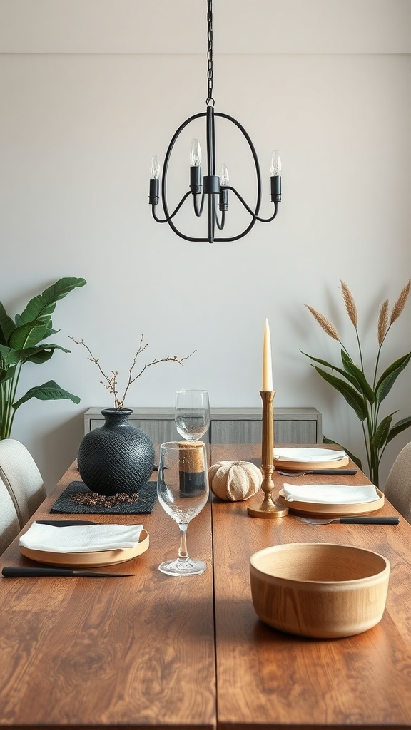 A beautifully set dining table featuring wood, glass, and decorative elements.
