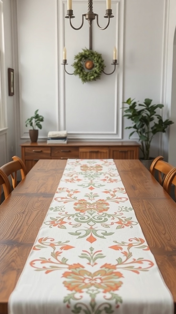 A wooden dining table with a floral patterned table runner and a chandelier overhead.