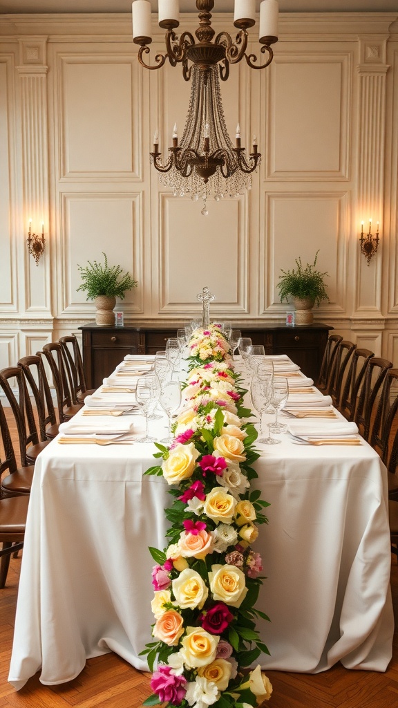 A beautifully decorated dining table with a floral garland centerpiece featuring roses and greenery.