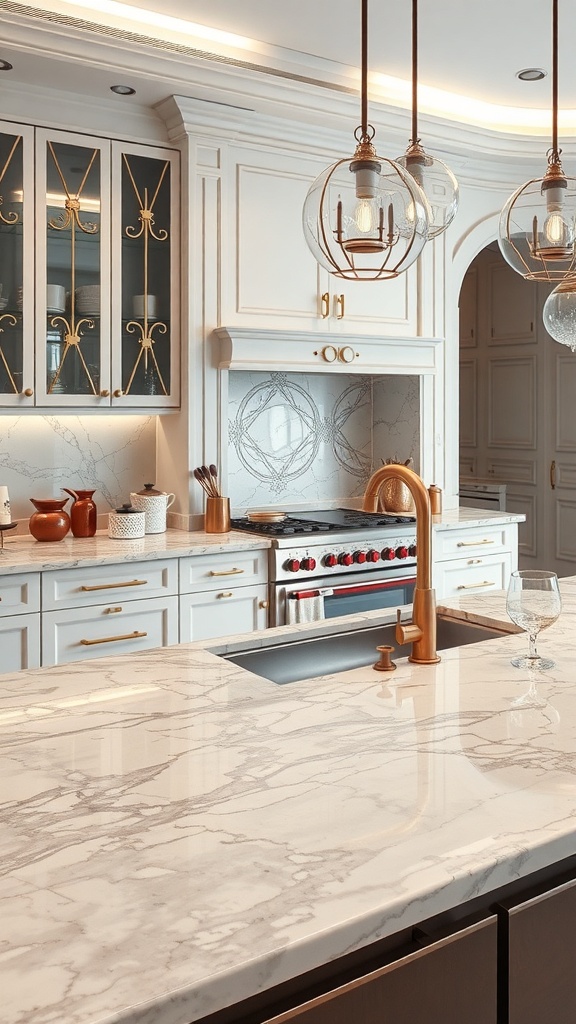A stylish kitchen featuring a bold marble countertop with intricate patterns.