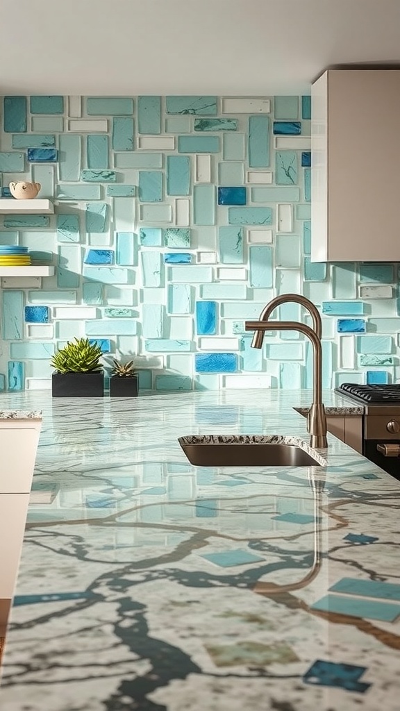 A kitchen countertop made of recycled glass with a colorful design.