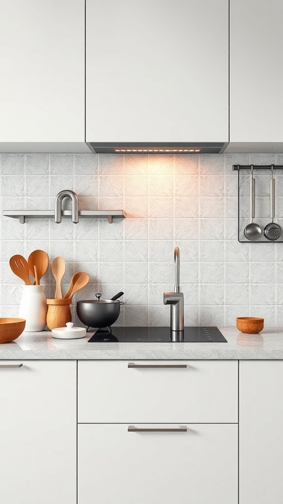 A modern kitchen with textured laminate surfaces and stylish utensils.