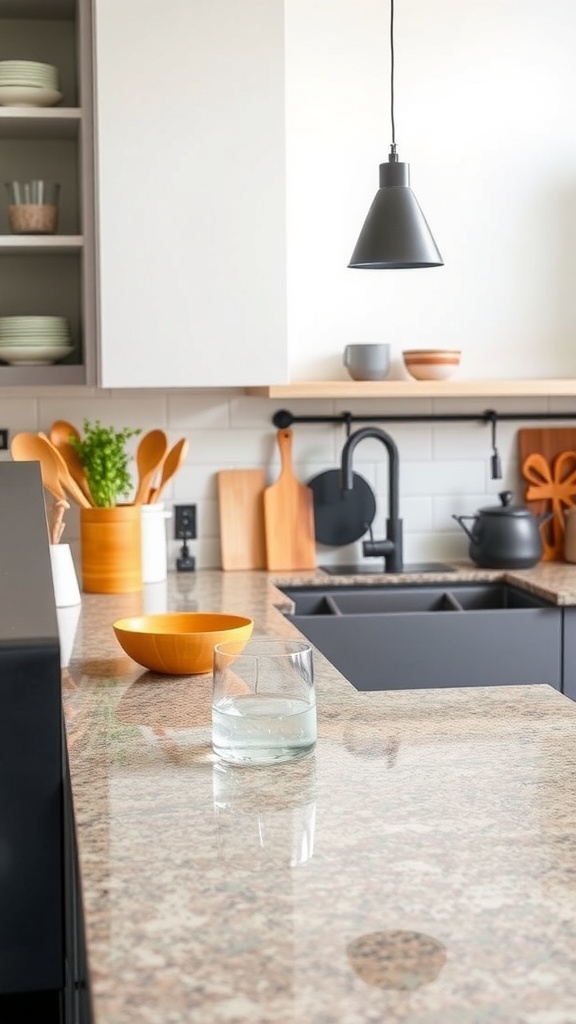 A modern kitchen with vibrant quartz countertops, showcasing a stylish and functional design.