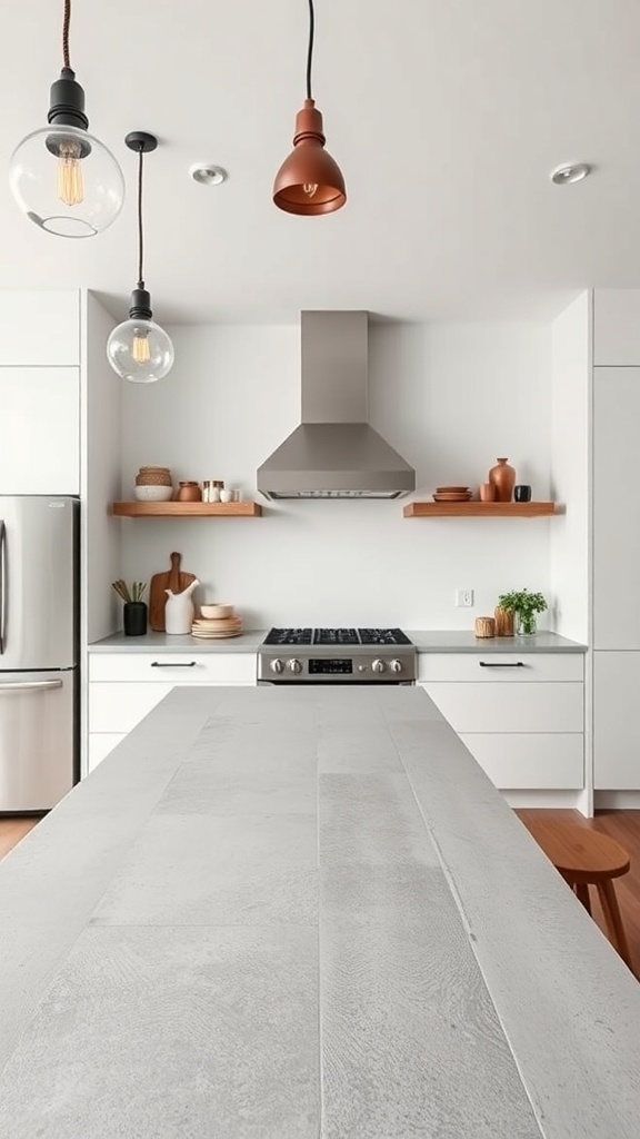 A modern kitchen featuring a sleek concrete countertop with wooden shelves and stylish lighting.