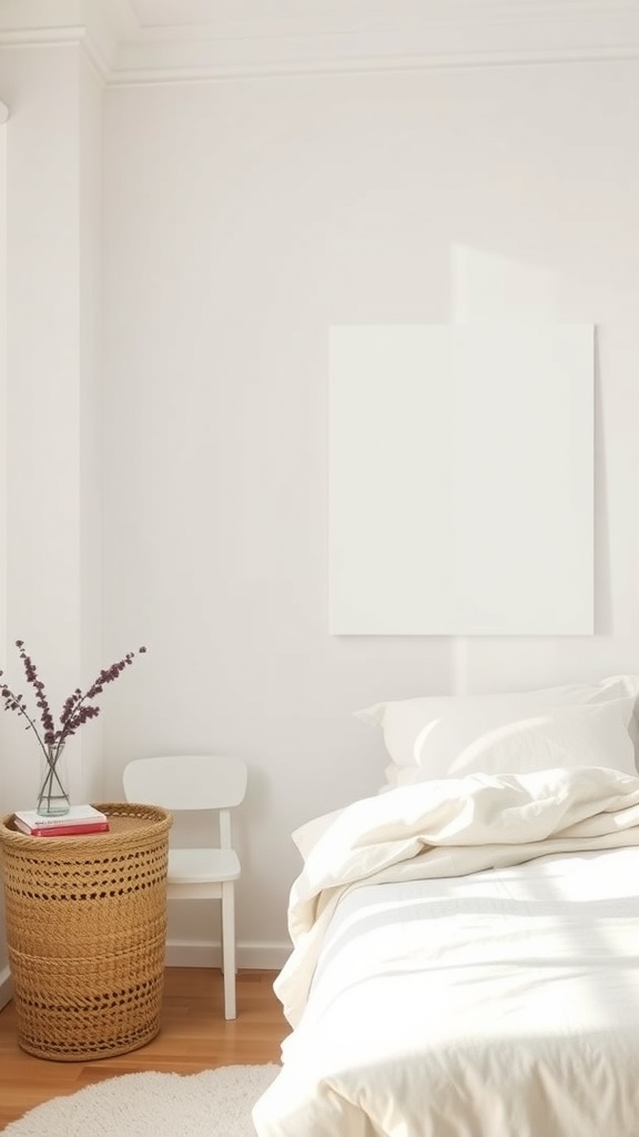 A serene Scandinavian bedroom with neutral colors and soft textures.