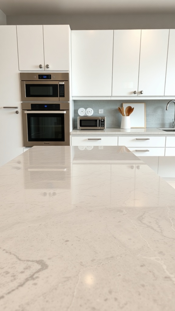 A modern kitchen with a natural stone countertop and white cabinets.