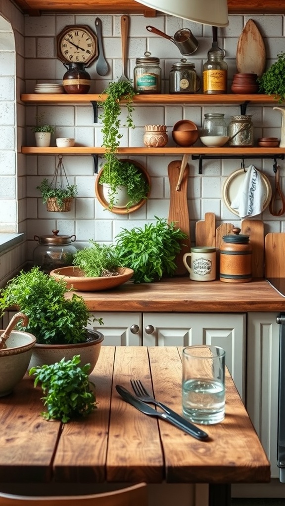 A cozy kitchen with rustic wood countertops, plants, and simple decor.