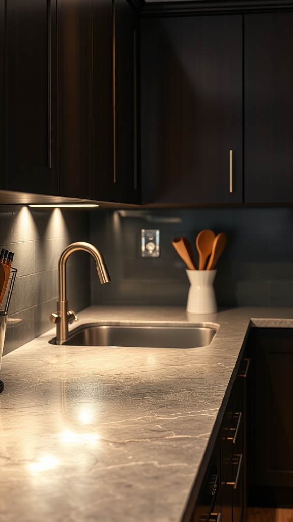 A modern kitchen countertop with metallic accents and a sleek sink.