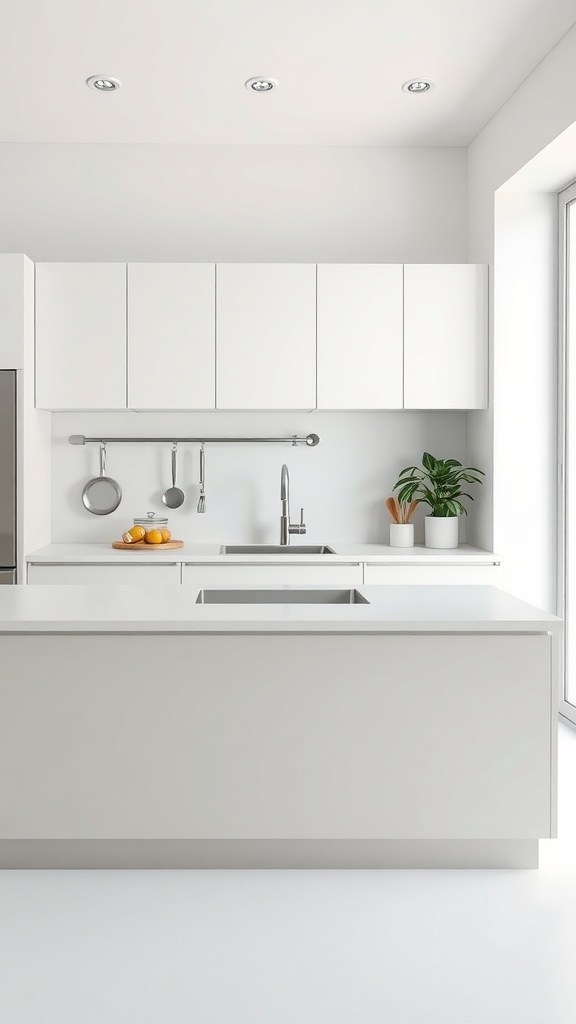 A modern kitchen with a minimalist solid surface countertop, featuring a clean design and bright colors.