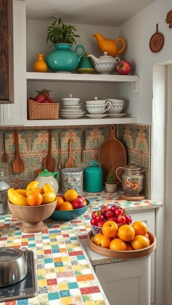Colorful tile mosaic countertop with fruits and kitchenware.