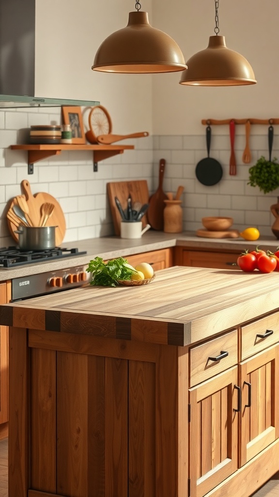 A kitchen with a classic butcher block countertop, featuring wooden cabinets and hanging utensils.