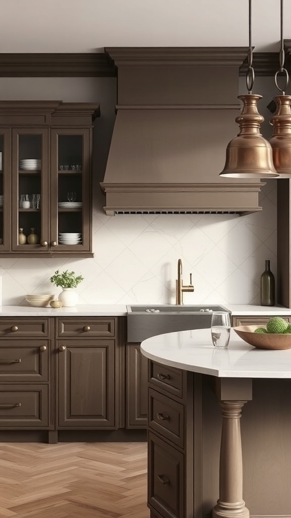 A stylish kitchen featuring soapstone countertops with dark cabinetry and warm lighting.