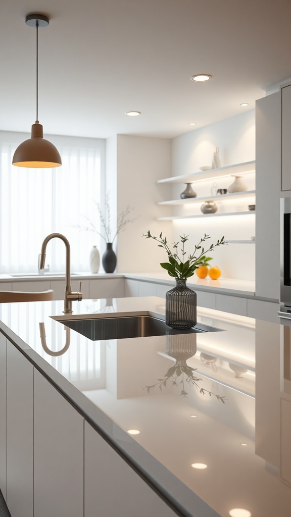 A modern kitchen with high-gloss acrylic countertops, featuring a sleek design and decorative elements.