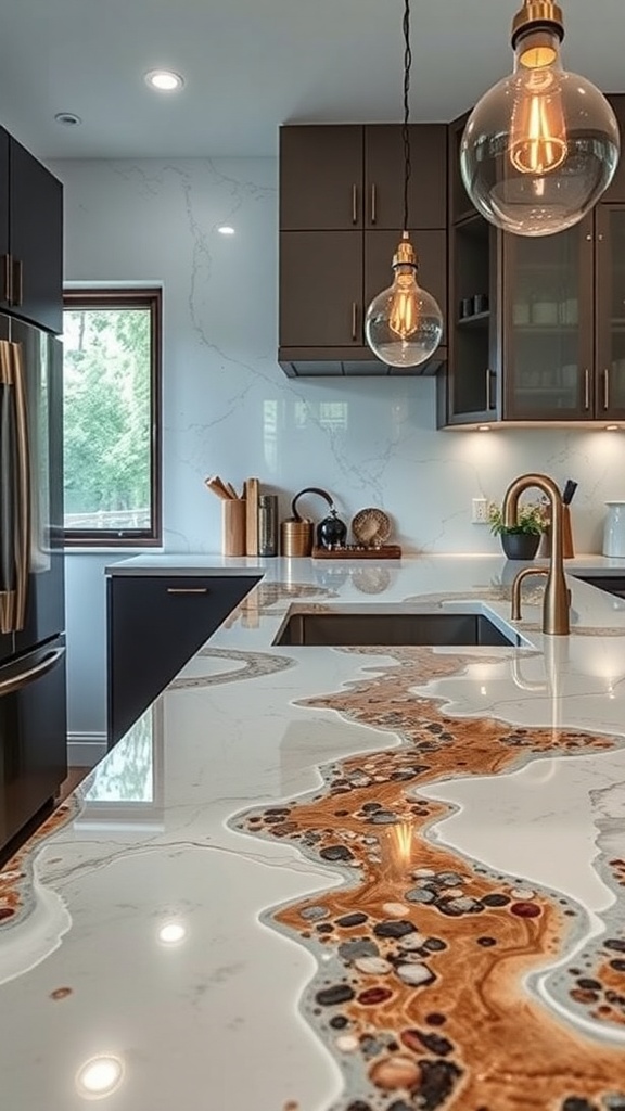 A modern kitchen with a stunning resin countertop featuring a river-like design.