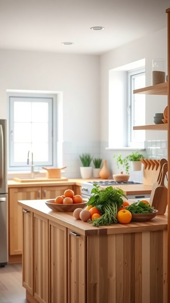 A bright kitchen with bamboo countertops, featuring fresh fruits and vegetables.