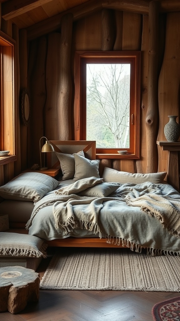 A cozy Scandinavian bedroom featuring wooden walls, a comfortable bed with soft blankets, and natural decor elements.