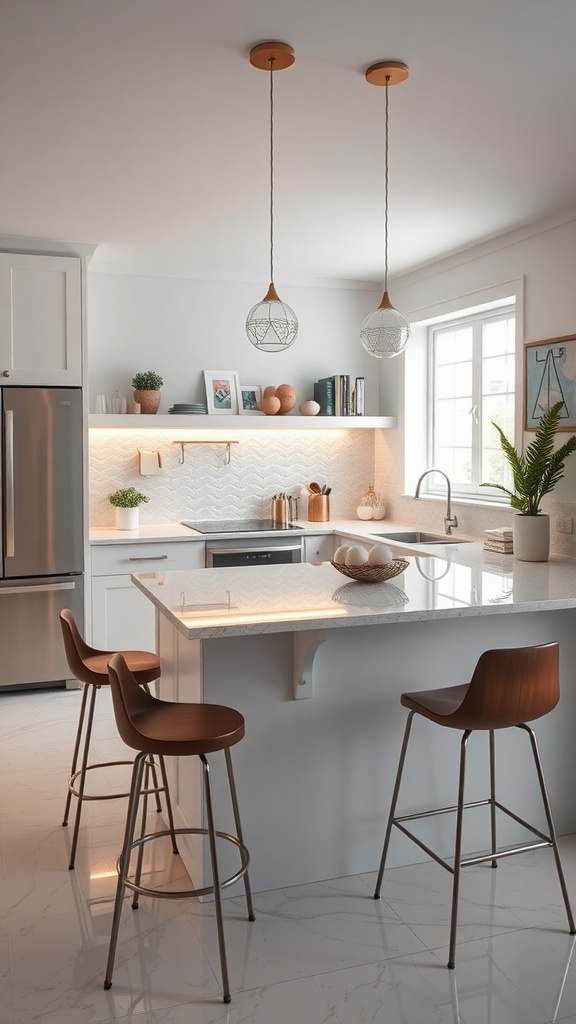 A modern kitchen featuring a glass countertop with stylish bar stools and elegant lighting.
