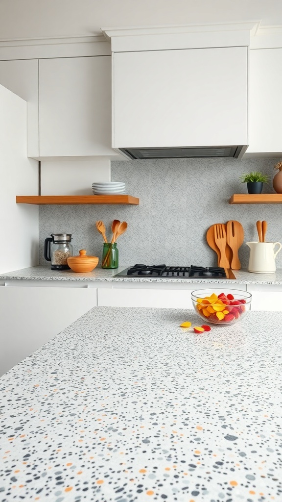 A colorful terrazzo countertop in a modern kitchen setting.