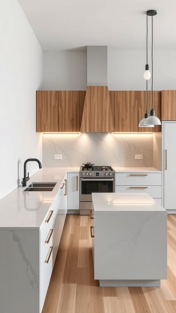 A modern kitchen with customizable modular countertops and wooden cabinets.