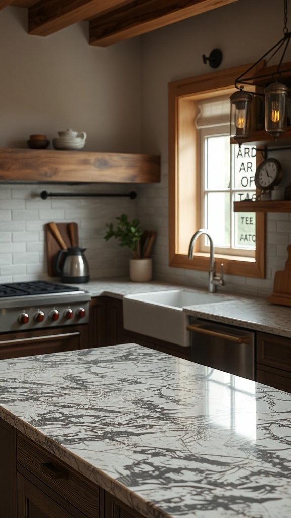 A kitchen featuring a granite countertop with unique patterns, wooden shelves, and a cozy atmosphere.