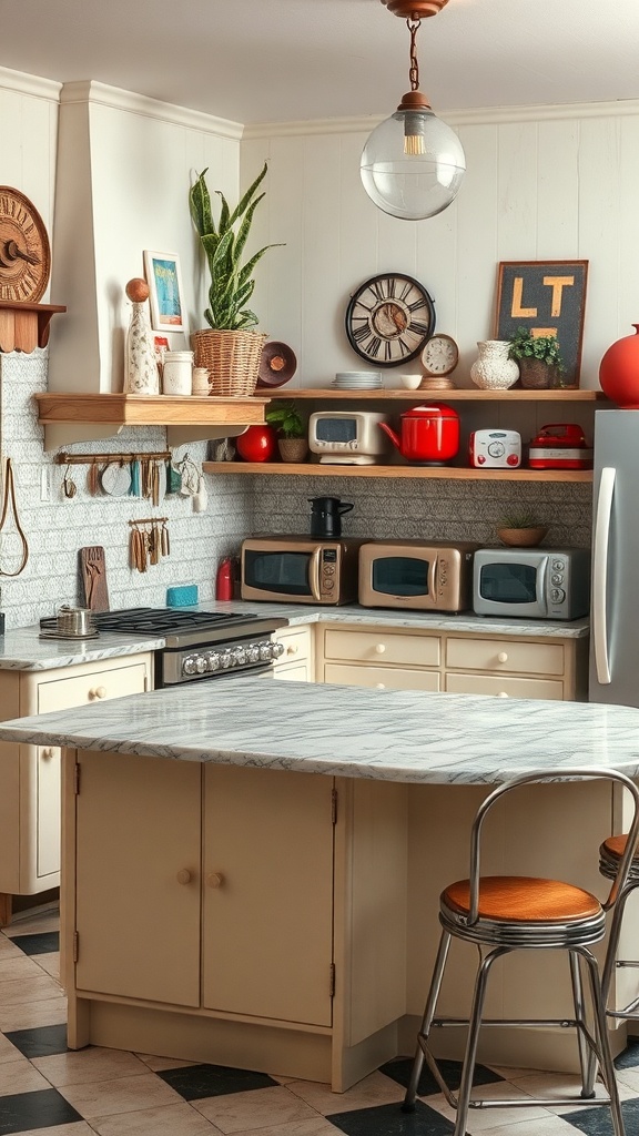A cozy kitchen featuring vintage marble countertops and retro appliances.