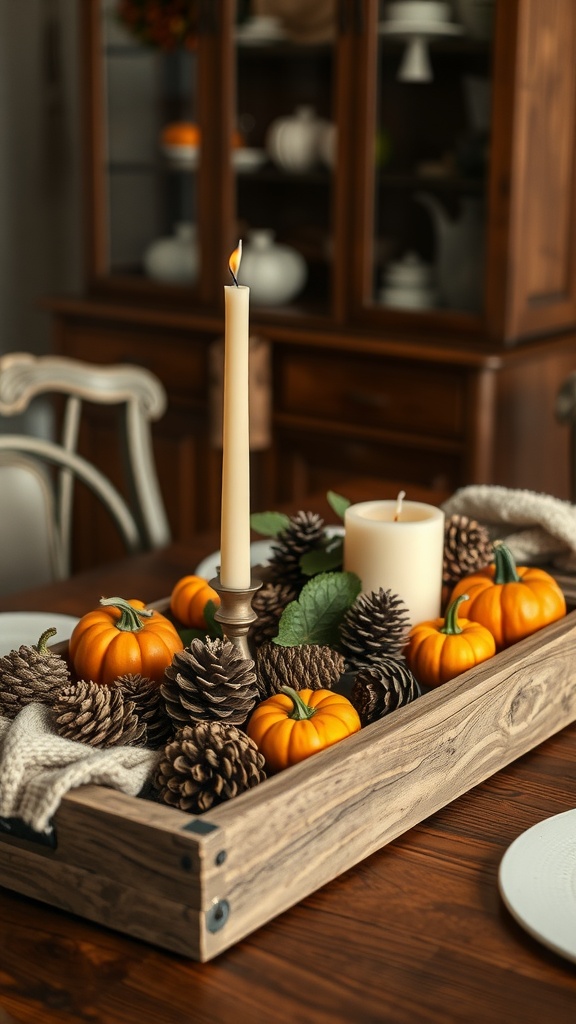Rustic wooden tray with pumpkins, pinecones, and candles as a dining room centerpiece.