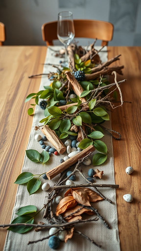 A table runner featuring twigs, leaves, and stones arranged on a wooden table.