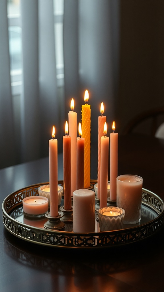 A decorative candle cluster with candles of varying heights and colors on a tray.