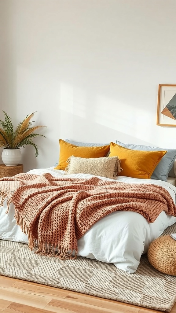 A cozy Scandinavian bedroom with layered textiles including a knitted blanket, colorful pillows, and a soft rug.