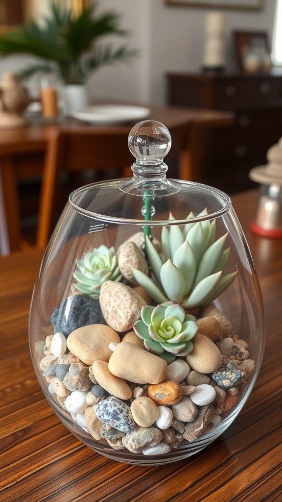A glass terrarium filled with succulents and decorative stones.