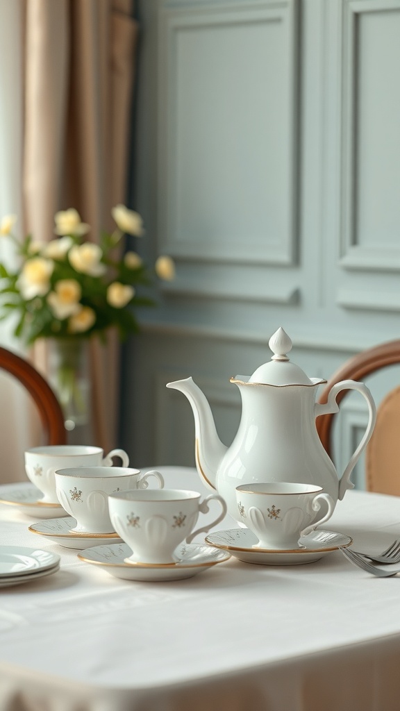 A charming tea set with a teapot and cups arranged on a dining table, complemented by a bouquet of flowers.