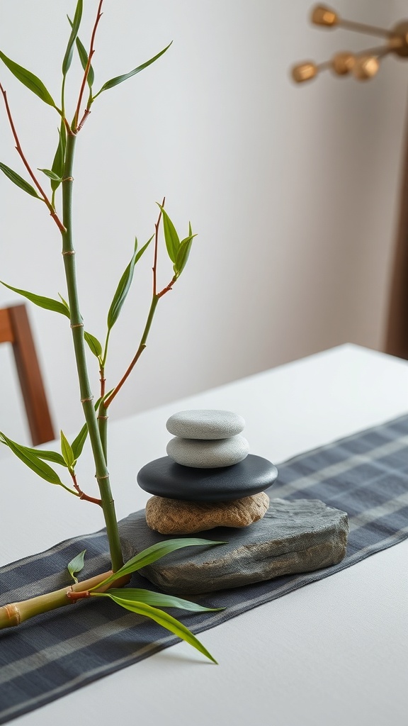 Bamboo and stone arrangement on a dining table