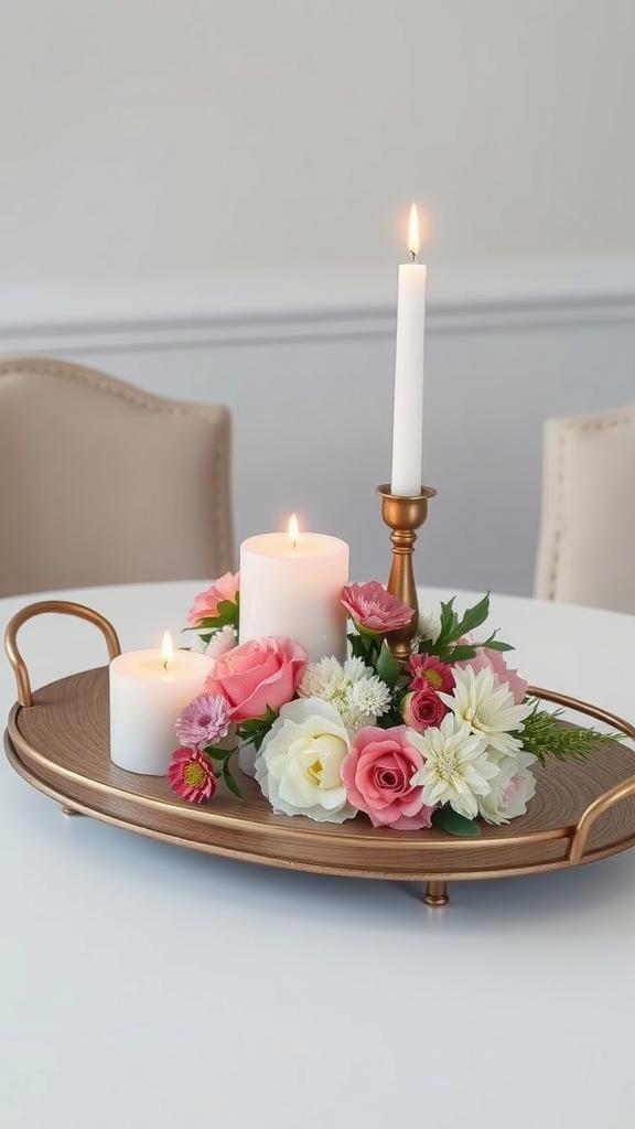 A serving tray with candles and flowers as a dining room centerpiece.