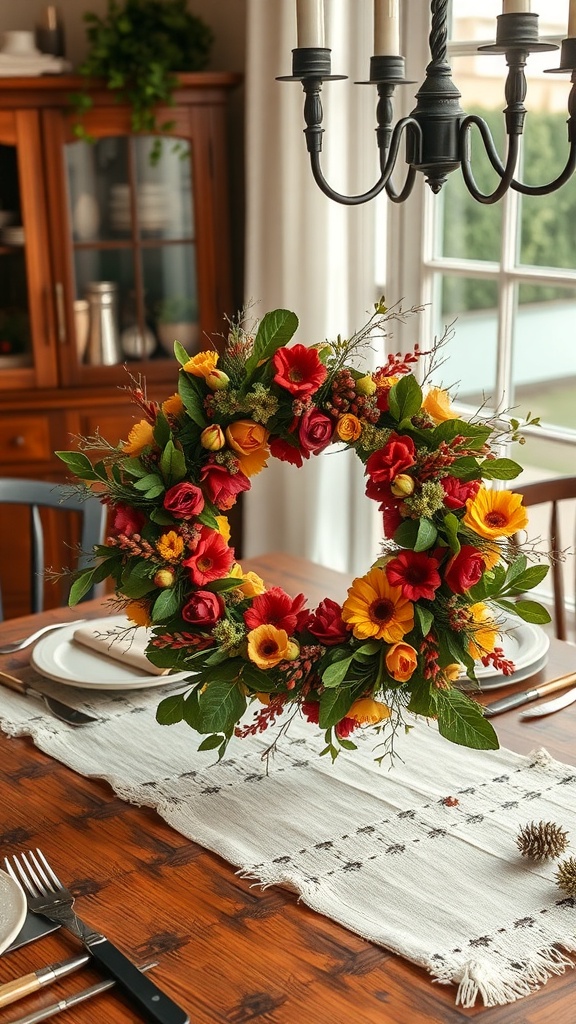 A colorful floral wreath displayed as a centerpiece on a dining table.