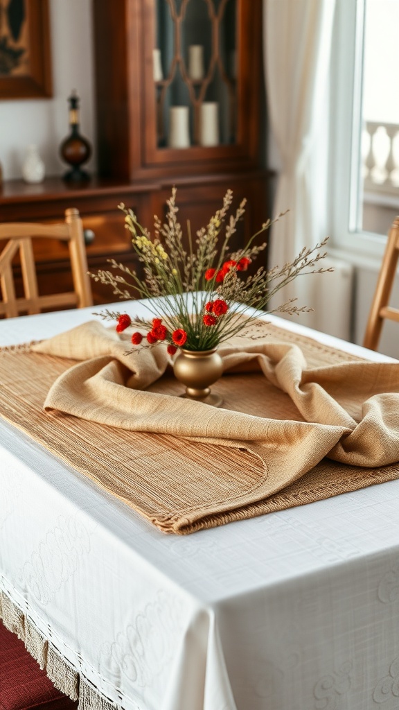 A dining table with layered textiles, featuring a soft white tablecloth and a textured beige runner, adorned with a small vase of flowers.