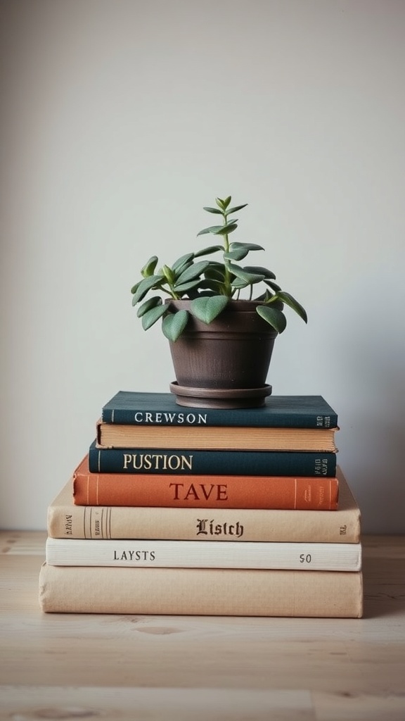 A stack of vintage books with a small green plant on top.