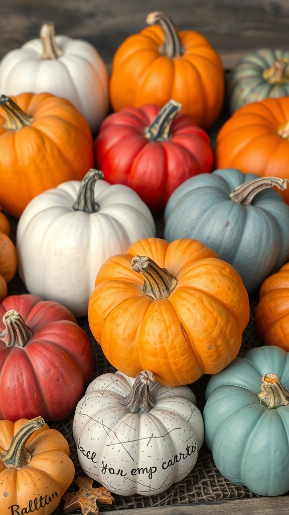 A variety of painted pumpkins in different colors and sizes arranged together.