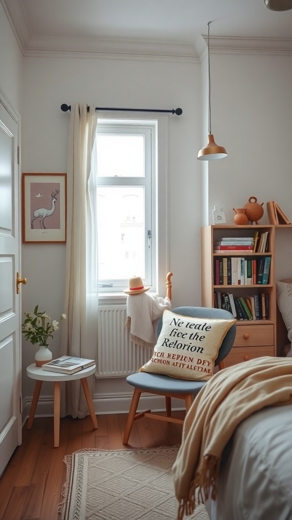 A cozy reading nook in a Scandinavian bedroom with a chair, throw blanket, and books.
