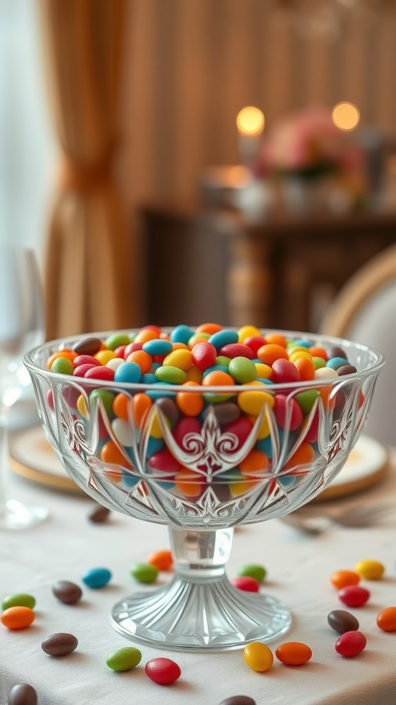 A crystal bowl filled with colorful candies on a dining table.
