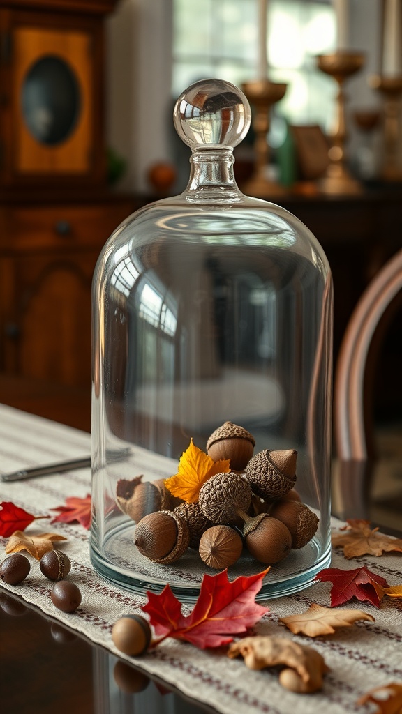 A glass cloche containing acorns and autumn leaves on a dining table.
