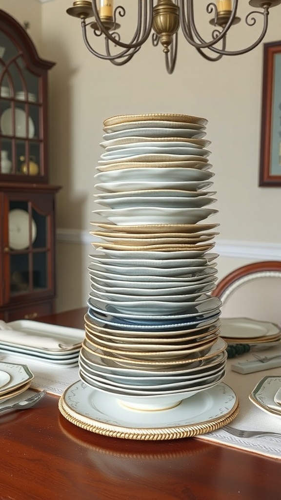 A stack of vintage plates arranged as a centerpiece on a dining table.