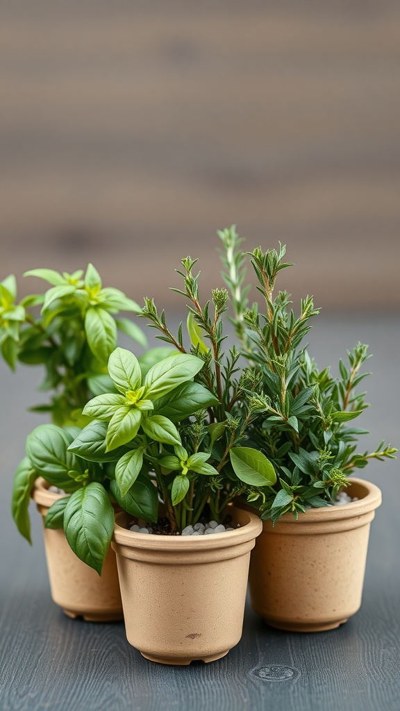 Three small herb planters with basil, rosemary, and thyme.
