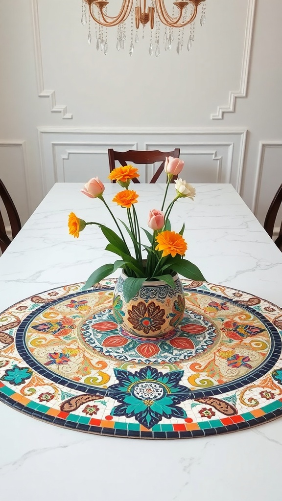Colorful mosaic tile table centerpiece with flowers